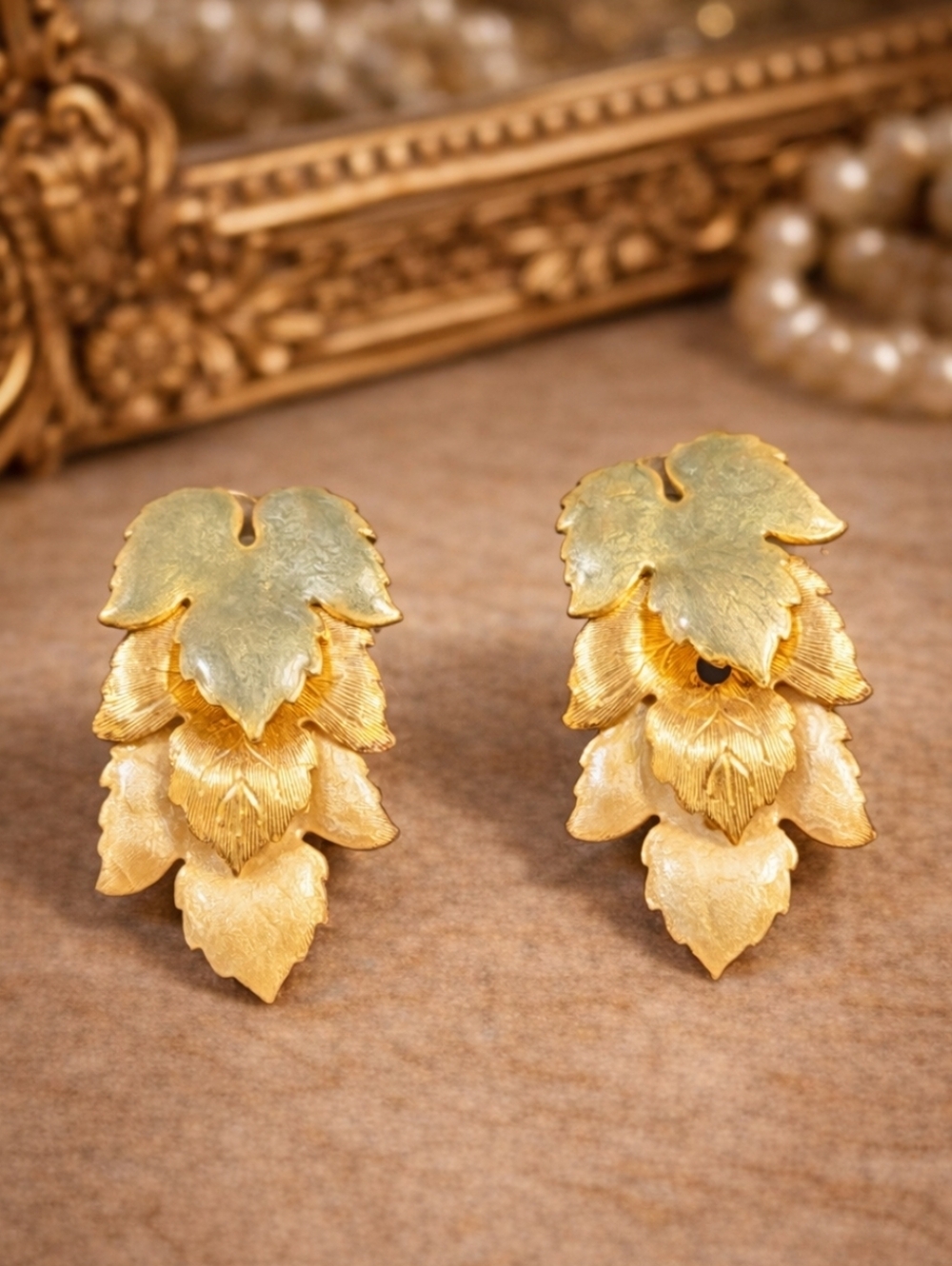 80s Gold Tone Leaf Earrings Green Enamel Textured Botanical Statement Pierced